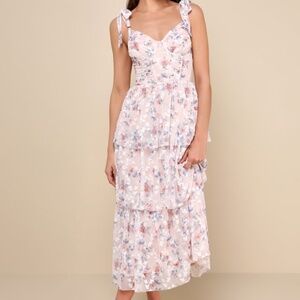 Lulus Flirtatious Radiance Blush Pink Floral Mesh Bustier Midi Dress - Size XL